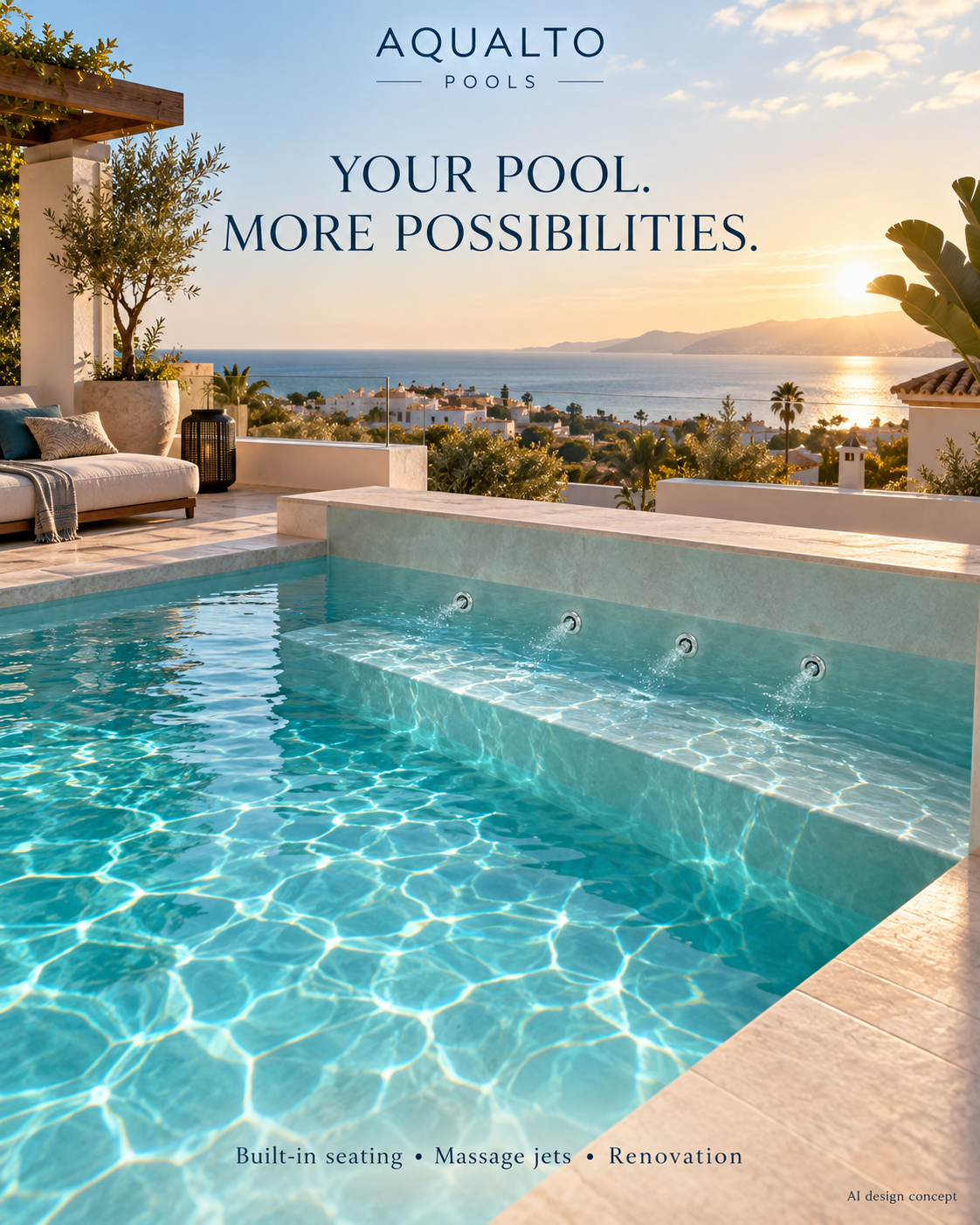 Pool design concept with integrated seating and massage jets